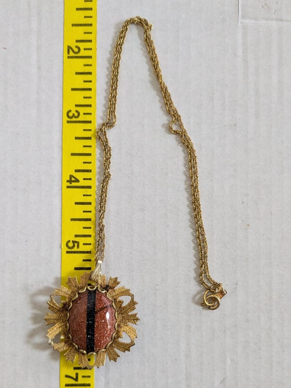 Vintage Gold Stone Black Stripe Gold Tone Pendant Necklace